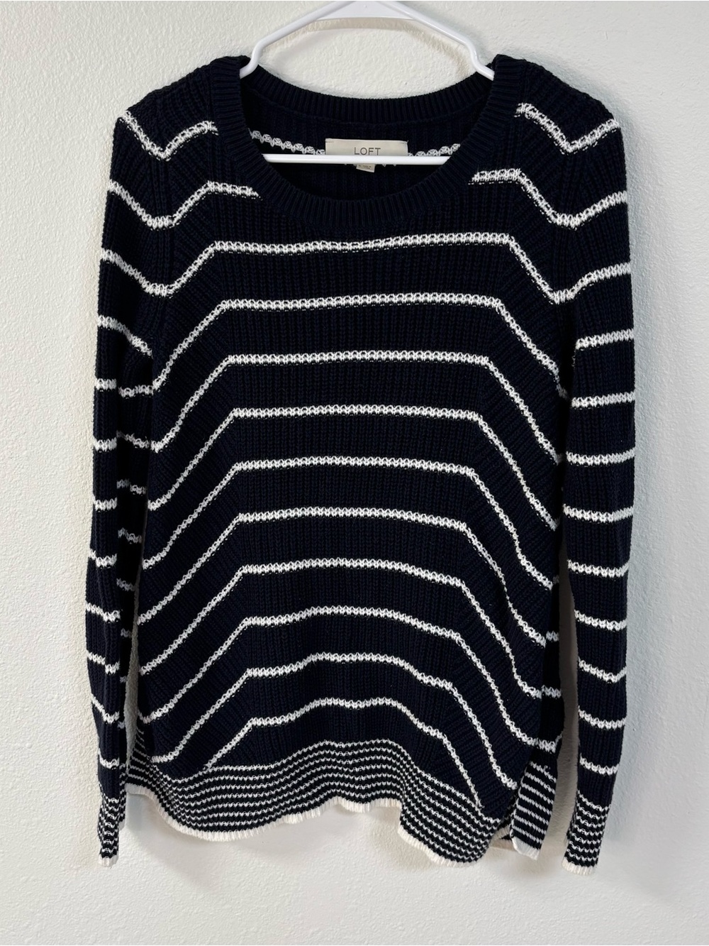 LOFT Small Navy White Striped Knit Crewneck Sweater Long Sleeve